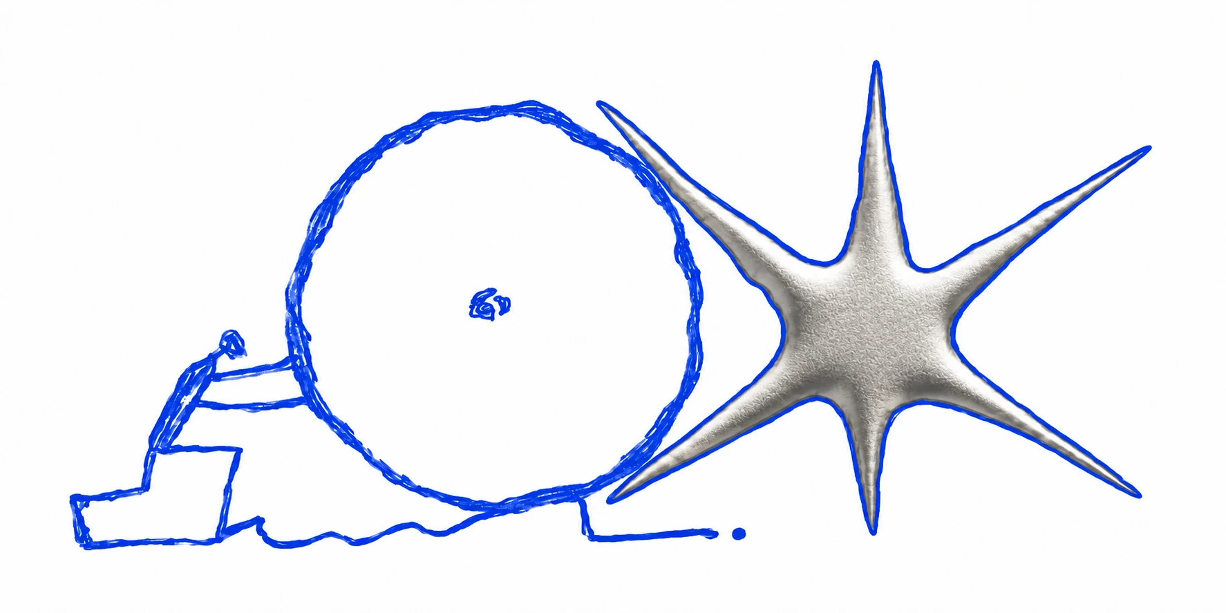 Figure pushing a boulder beside a star